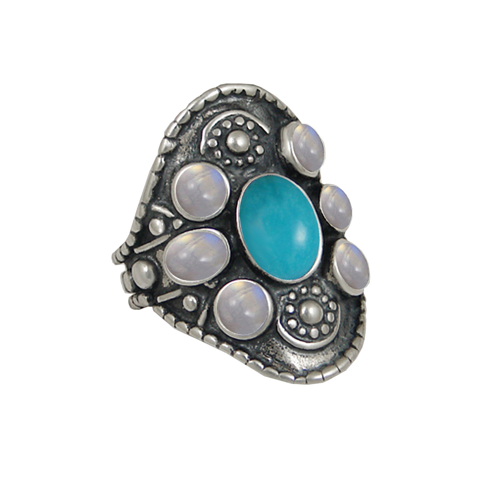 Sterling Silver High Queen's Ring With Turquoise And Rainbow Moonstone Size 7 Sterling Silver High Queen's Ring With Turquoise And Rainbow Moonstone Size 7